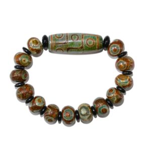 Bracelet Tibétain en Perles Dzi d'Agate Verte Naturelle Chung Dzi 9 & 3 Yeux. Boutique Zen Himalayan-eshop