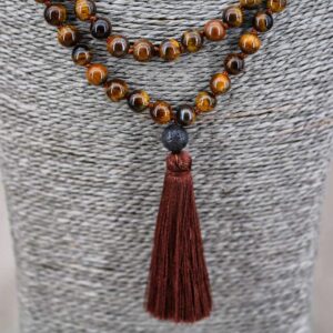 Mala japamala collier œil de tigre chapelet ou rosaire bouddhiste artisanat ethnique de l'Himalaya Tibet Chine