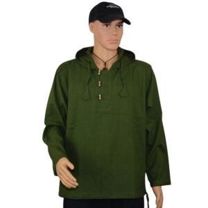 Chemise à capuche du Népal hoodie verte coton manches longues. Vetements ethniques. Artisanat népalais