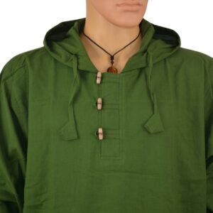 Chemise à capuche du Népal hoodie verte coton manches longues. Vetements ethniques. Artisanat népalais