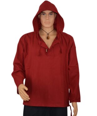 Hoodie Chemise à Capuche Rouge 100% coton manches longues. Artisanat du Népal. Vetements ethniques