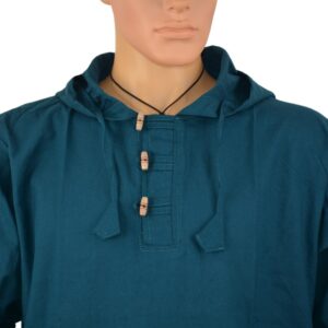 Hoodie chemise bleue pétrole coton manches longues. Artisanat du Népal. Vetements Ethniques