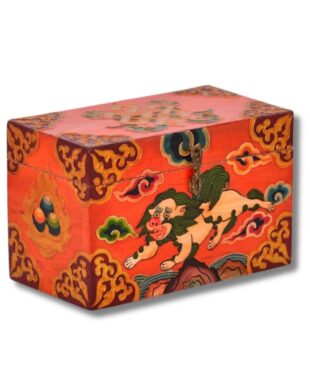 Coffret de décoration tibétaine - Décoration d'intérieur - Boite coffre ethnique tibétain. Lion des neiges de l'Himalaya, nœud infini bouddhiste et trésor tibétain. Boutique Zen Himalayan-eshop