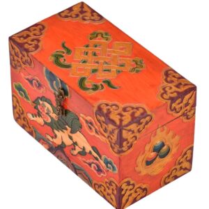 Coffret de décoration tibétaine - Décoration d'intérieur - Boite coffre ethnique tibétain. Lion des neiges de l'Himalaya, nœud infini bouddhiste et trésor tibétain. Boutique Zen Himalayan-eshop