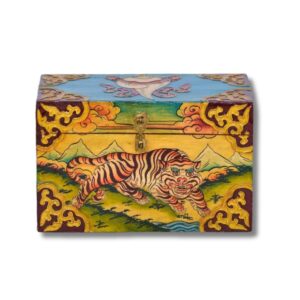 Décoration d'intérieur. Coffret boite ethnique tibétain. Tigre de l'Himalaya, conque shankha dung-dkar et trésor tibétain. Artisanat tibétain Népal - Boutique Zen Himalayan-eshop