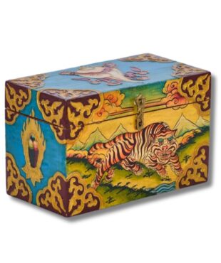 Décoration d'intérieur. Coffret boite ethnique tibétain. Tigre de l'Himalaya, conque shankha dung-dkar et trésor tibétain. Artisanat tibétain Népal - Boutique Zen Himalayan-eshop