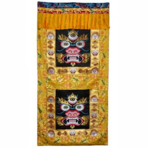 Tenture de décoration de porte, dhoka, Mahakala. Artisanat du Bhoutan et de l'Himalaya. Décoration zen d'intérieur de maison.