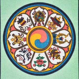 Tangka la peinture bouddhiste tibétaine | Signes auspicieux du bouddhisme. Tangka la peinture bouddhiste tibétaine en toile de coton, imprimé des signes auspicieux du bouddhisme ou Ashtamangala.