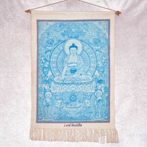 Thangka Bouddha médecine Shakyamuni | Peinture tibétaine sur toile. Thangka Bouddha médecine en toile de coton, imprimé du Bouddha médecine Shakyamuni.