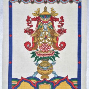 Thangka Ashtamangala | Peinture bouddhiste traditionnelle tibétaine. Thangka Ashtamangala en toile de coton, imprimé des signes auspicieux.