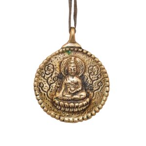 Charme, talisman Bouddha amulette bouddhiste, en bronze. Calendrier astrologique tibétain et Bouddha médecine Bhaishajyaguru émanation de Shakyamuni. Tibet