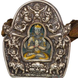 Ghau tibétain. Reliquaire bouddhiste gao. Autel de voyage bouddhiste. Reliquaire en bronze avec tsa-tsa Chenrezig. Art et antiquité du Tibet.