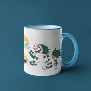 Mug lions des neiges tibétains. Notre mug panoramique en céramique est l'accessoire indispensable pour tous les amateurs de café ou de thé. Avec une capacité de 300 ml, il est fabriqué en céramique de haute qualité. Motif bouddhiste du Tibet.
