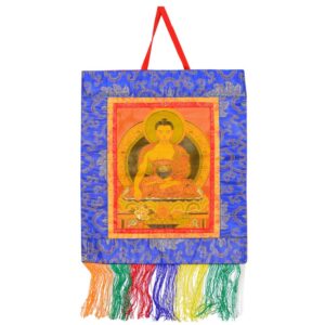 Thangka Ethnique Tibétain en Tissu Représentation Authentique du Bouddha en Position du Lotus avec Offrande - Népal