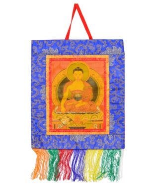 Thangka Ethnique Tibétain en Tissu Représentation Authentique du Bouddha en Position du Lotus avec Offrande - Népal