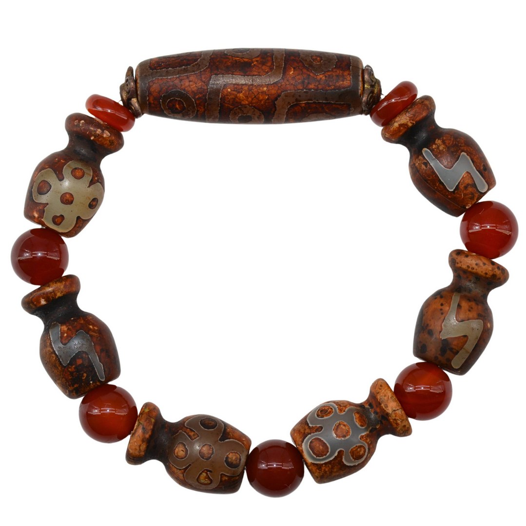 Bracelet Dzi 9 Yeux & Dzi “Amphore” Motifs Fleur / Éclair | Agate Orange | Patine Ancienne Foncée – Artisanat du Tibet