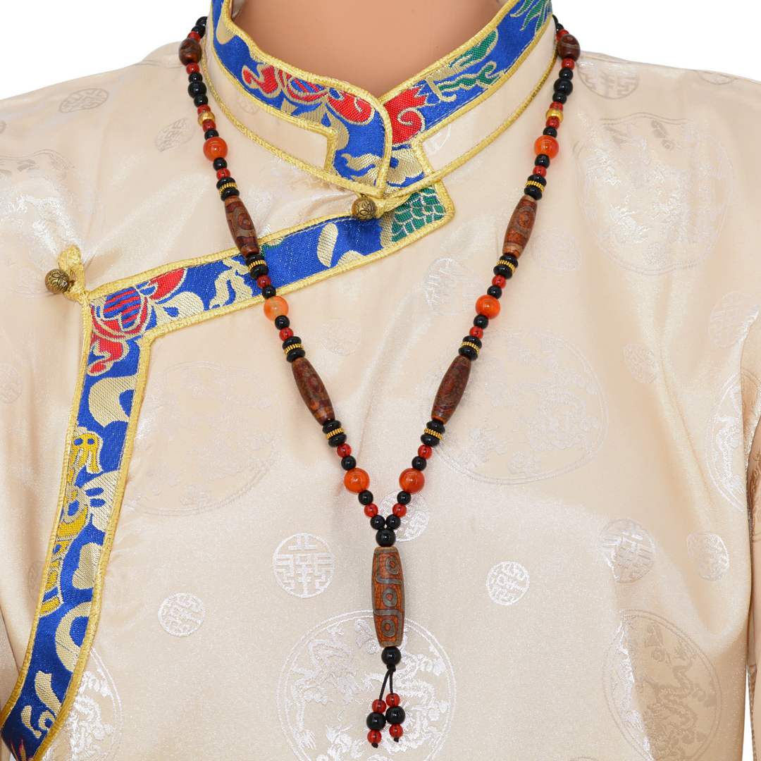 Collier Tibétain Dzi Patine Antique – Agate Blanche Translucide 9 Yeux & Dzi 3 Yeux Craquelés Bijou Spirituel Himalayen