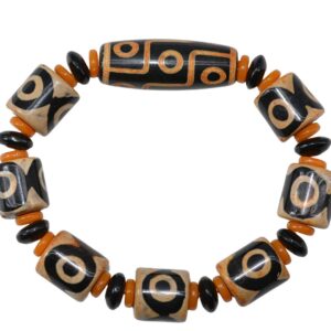 Talisman Tibétain Authentique Dzi 9 Yeux | Bracelet en Agate Crème & Noire – Perles Dzi 3 Yeux Cylindriques