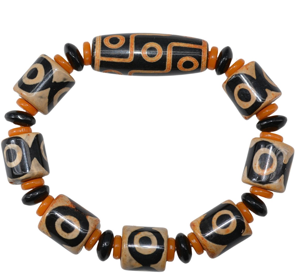 Talisman Tibétain Authentique Dzi 9 Yeux | Bracelet en Agate Crème & Noire – Perles Dzi 3 Yeux Cylindriques