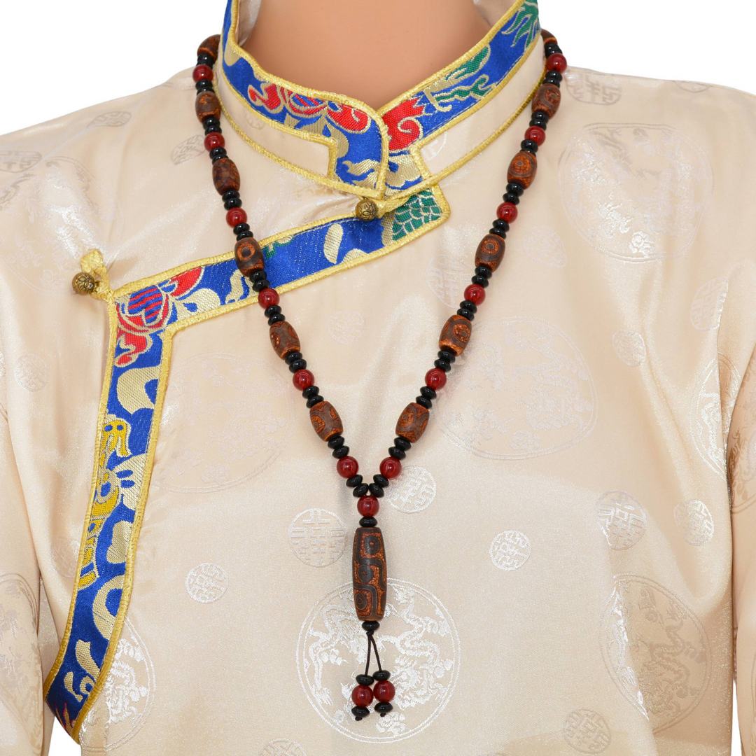 Collier Dzi Tibétain en Agate – 9 Yeux & Dzi 3 Yeux | Artisanat du Tibet – Bijou Spirituel Unique