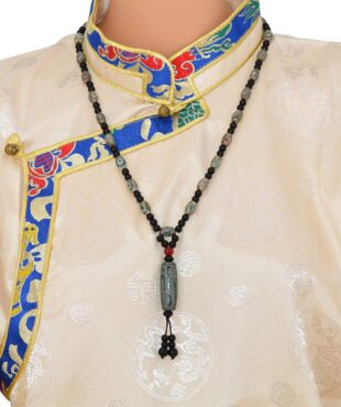 Collier Dzi en Agate Vert-Bleuté Perle Principale 9 Yeux & Dzi 3 Yeux – Artisanat Tibétain Authentique