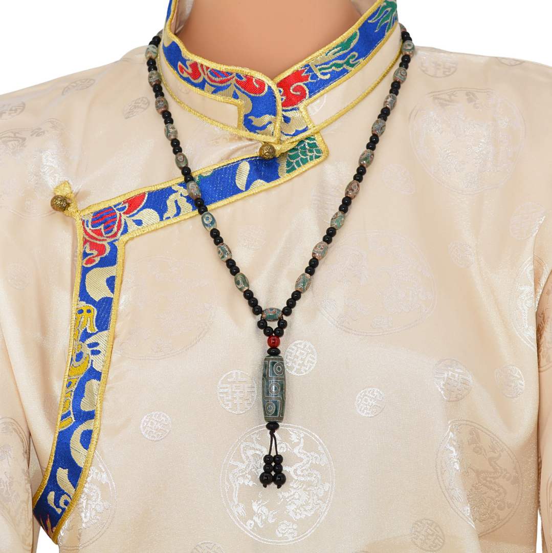 Collier Dzi en Agate Vert-Bleuté Perle Principale 9 Yeux & Dzi 3 Yeux – Artisanat Tibétain Authentique
