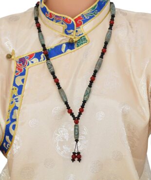 Collier Tibétain Dzi 3 Yeux en Agate Vert-Bleu Translucide – Bijou Spirituel de l’Himalaya