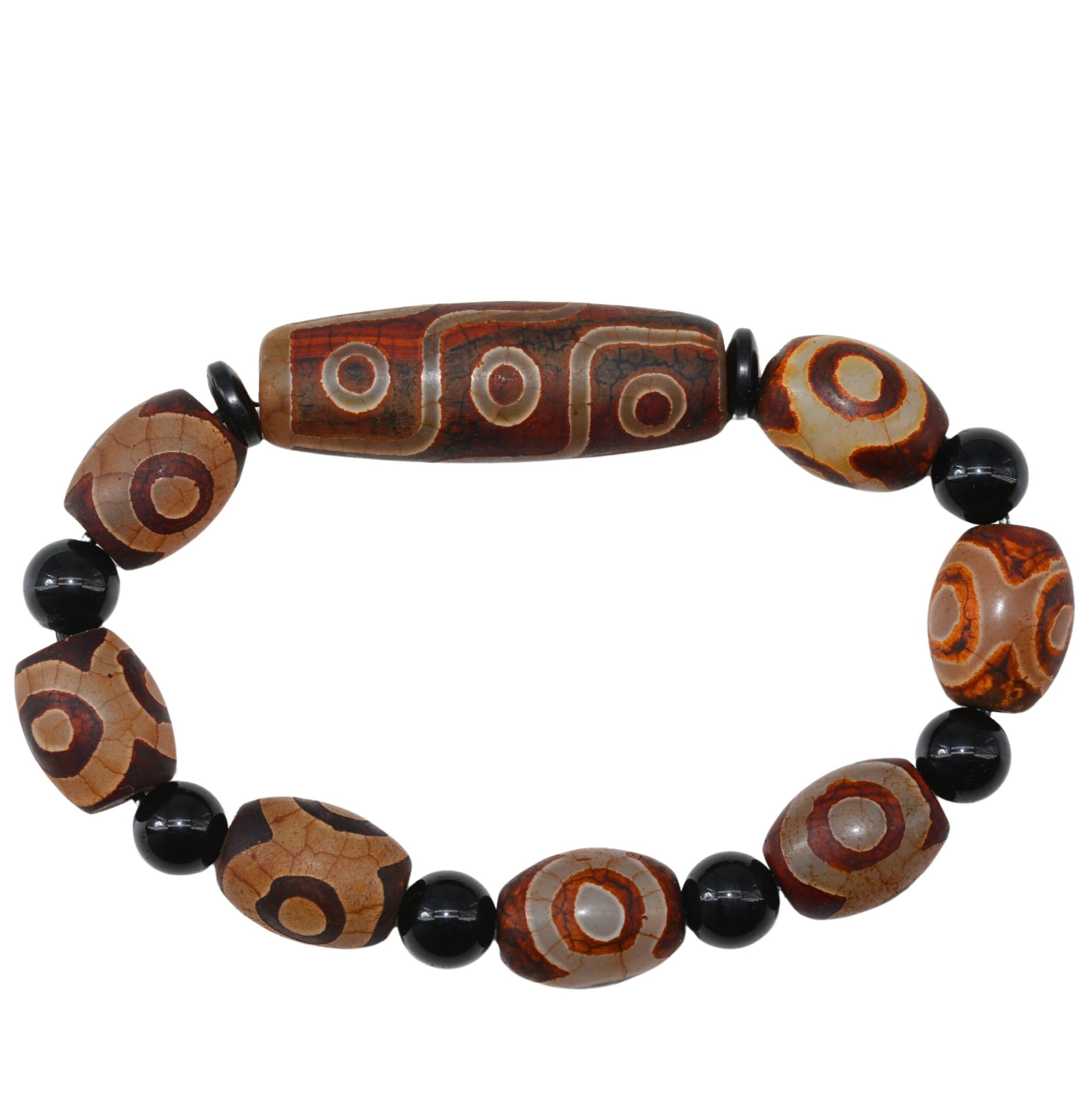 Bracelet Dzi 9 Yeux & Dzi 3 Yeux Ovales Agate Blanche Translucide & Onyx Noir Bijou Tibétain Sacré