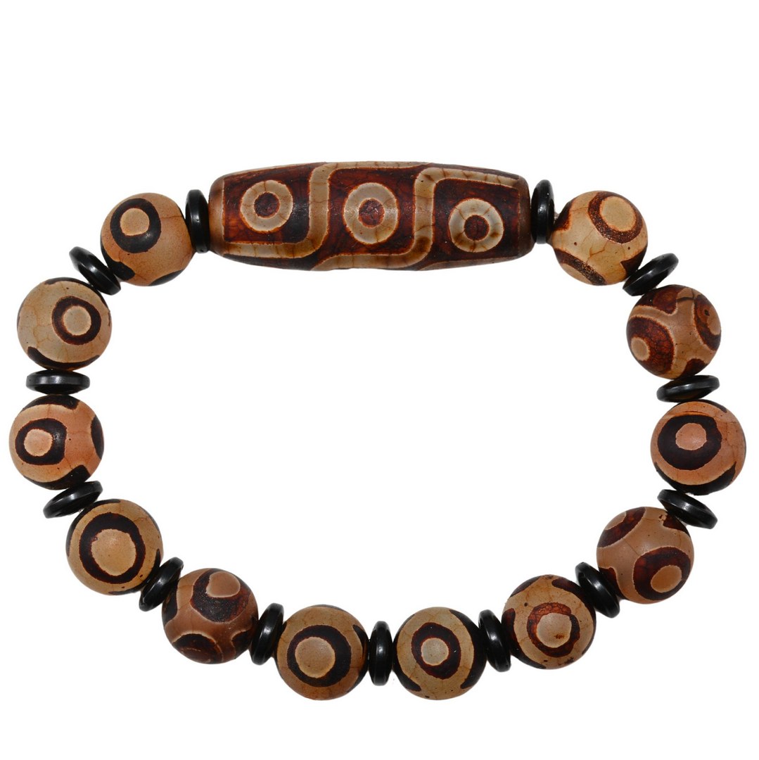 Bracelet Tibétain en Agate Dzi 9 Yeux & Perles 3 Yeux Blanches Translucides