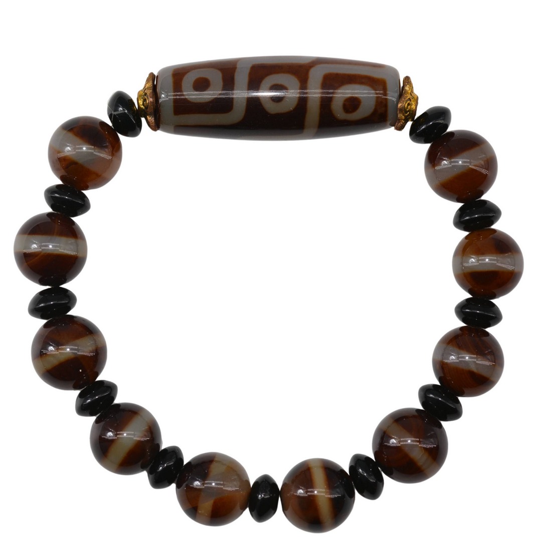 Bracelet Dzi 9 Yeux & Agate Café Translucide | Bijou Tibétain Sacré – Protection & Prospérité