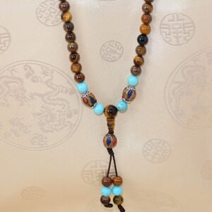 Mala Bouddhiste Œil de Tigre & Turquoise 108 Perles – Artisanat Tibétain du Népal