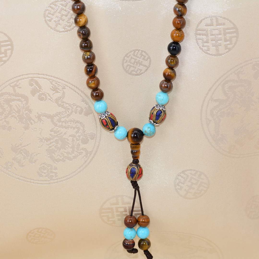 Mala Bouddhiste Œil de Tigre & Turquoise 108 Perles – Artisanat Tibétain du Népal